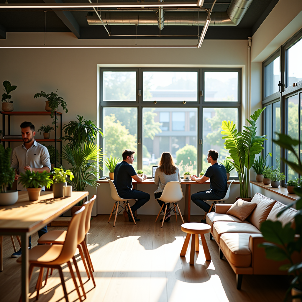 Gründung von EiHaus - Ein modernes Büro mit natürlichem Licht, Holzmöbeln und frischen Pflanzen, wo das Team an der Vision einer gesunden Ernährungsplattform arbeitet