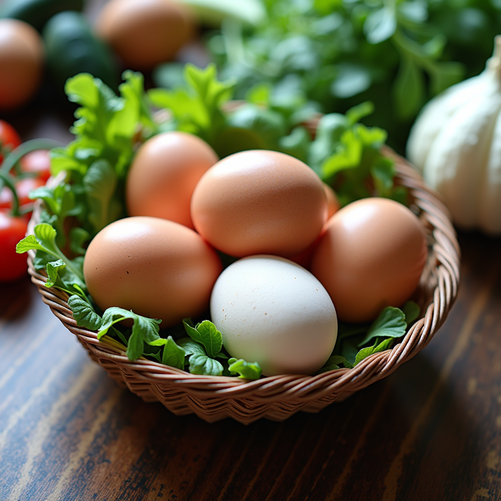 Frische Bio-Eier in einem rustikalen Weidenkorb auf einem Holztisch mit natürlichem Licht, umgeben von frischen Kräutern und Gemüse, die eine gesunde Ernährung symbolisieren