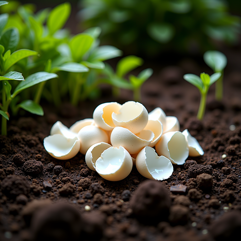 Crushed egg shells scattered on rich dark soil in a garden bed, with small green seedlings sprouting nearby, showing natural composting and sustainable gardening practices