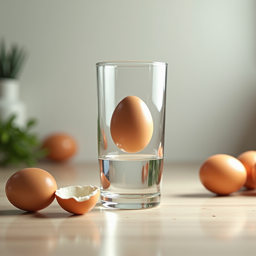 Ein Ei schwebt in einem Glas Wasser neben frischen Eiern auf einer Küchenarbeitsplatte, demonstriert den Schwimmtest zur Überprüfung der Frische