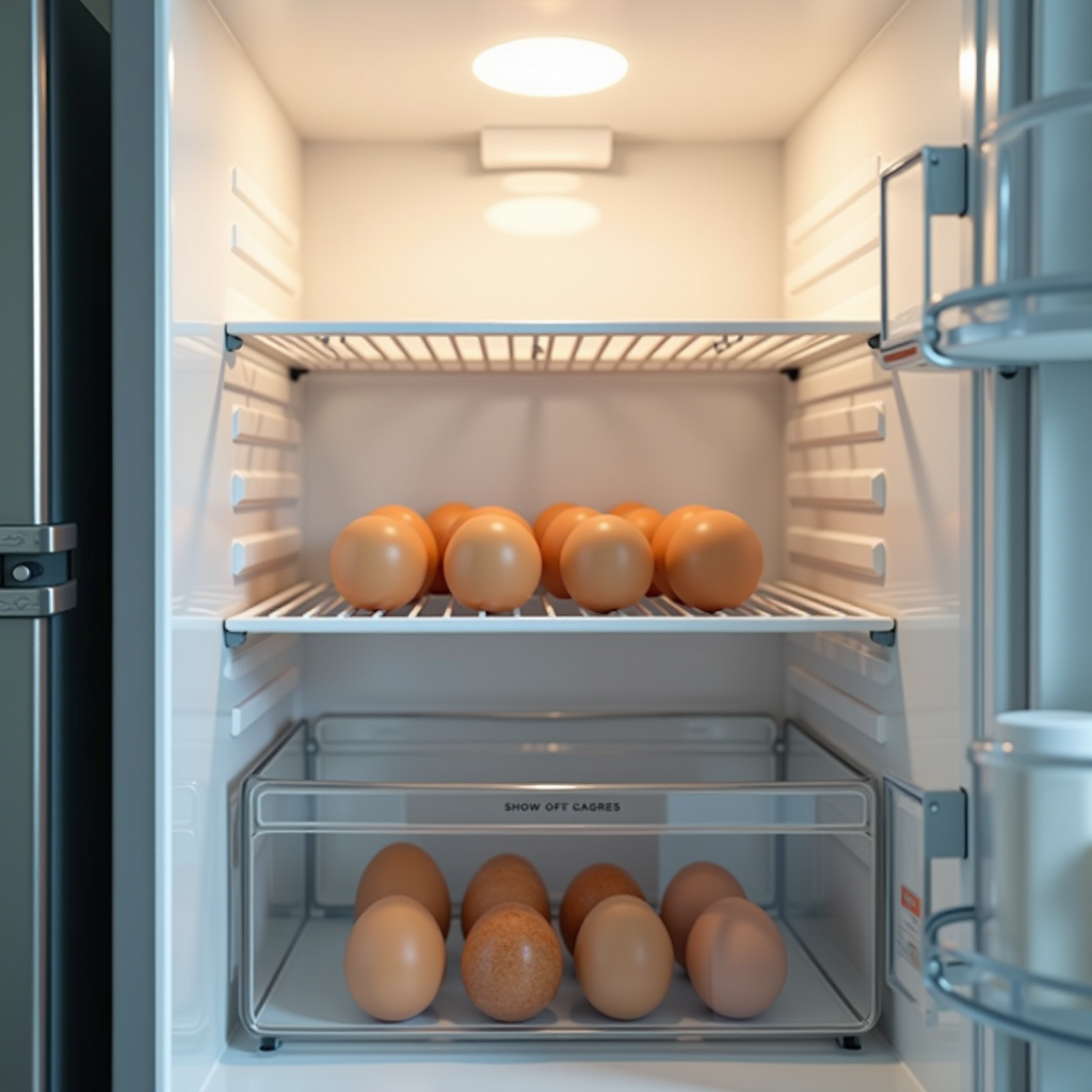Gut organisierter Kühlschrank mit Eiern im mittleren Regal, beschriftet mit Temperaturzonen und optimaler Platzierung verschiedener Lebensmittel