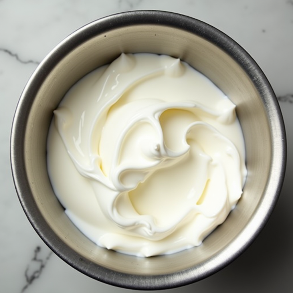 Perfekt geschlagenes Eiweiß mit glänzenden, steifen Spitzen in einer Edelstahlschüssel, fotografiert von oben mit weichem Licht, das die Textur hervorhebt