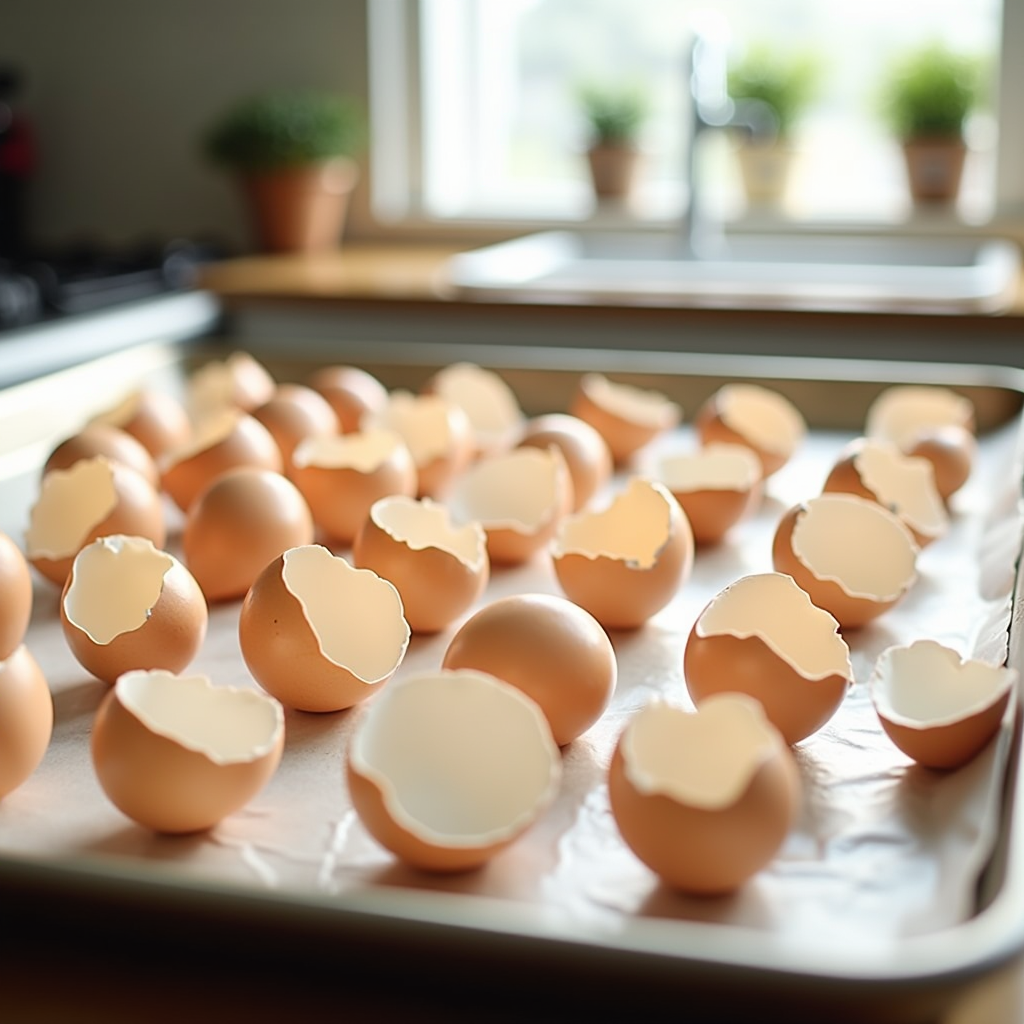 Saubere Eierschalen, die auf einem Backblech zum Trocknen ausgebreitet sind, in einer hellen Küche mit natürlichem Licht