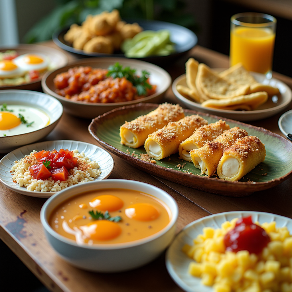 Colorful breakfast table displaying various international egg dishes including Japanese tamagoyaki rolls, Mexican huevos rancheros with salsa, French omelette, and other cultural egg preparations from around the world