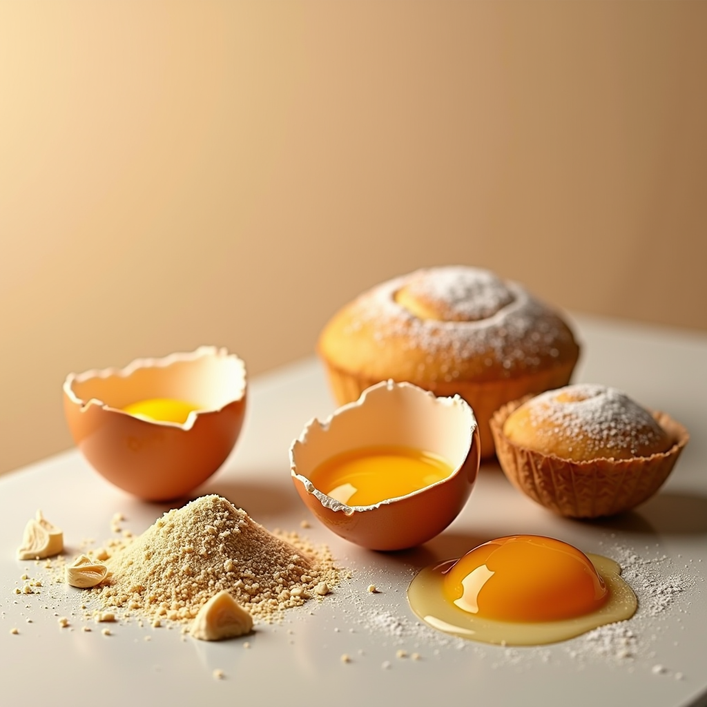 Aufgeschlagene Eier mit getrenntem Eigelb und Eiweiß neben Backzutaten und frisch gebackenen Kuchen, illustriert die funktionalen Eigenschaften beim Backen