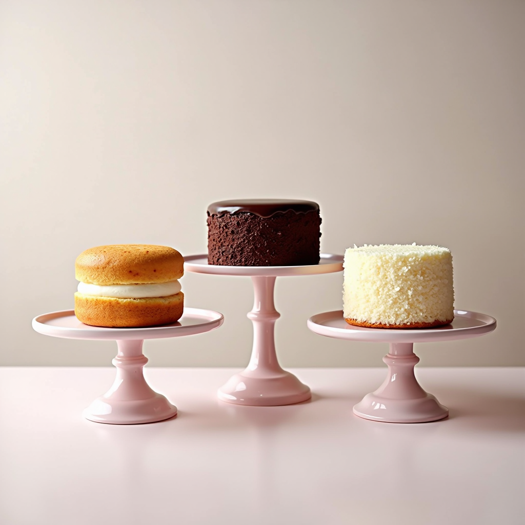 Drei verschiedene Kuchen auf eleganten Kuchenständern: ein luftiger Biskuit, ein dichter Schokoladenkuchen und ein leichter Engelskuchen, alle perfekt präsentiert