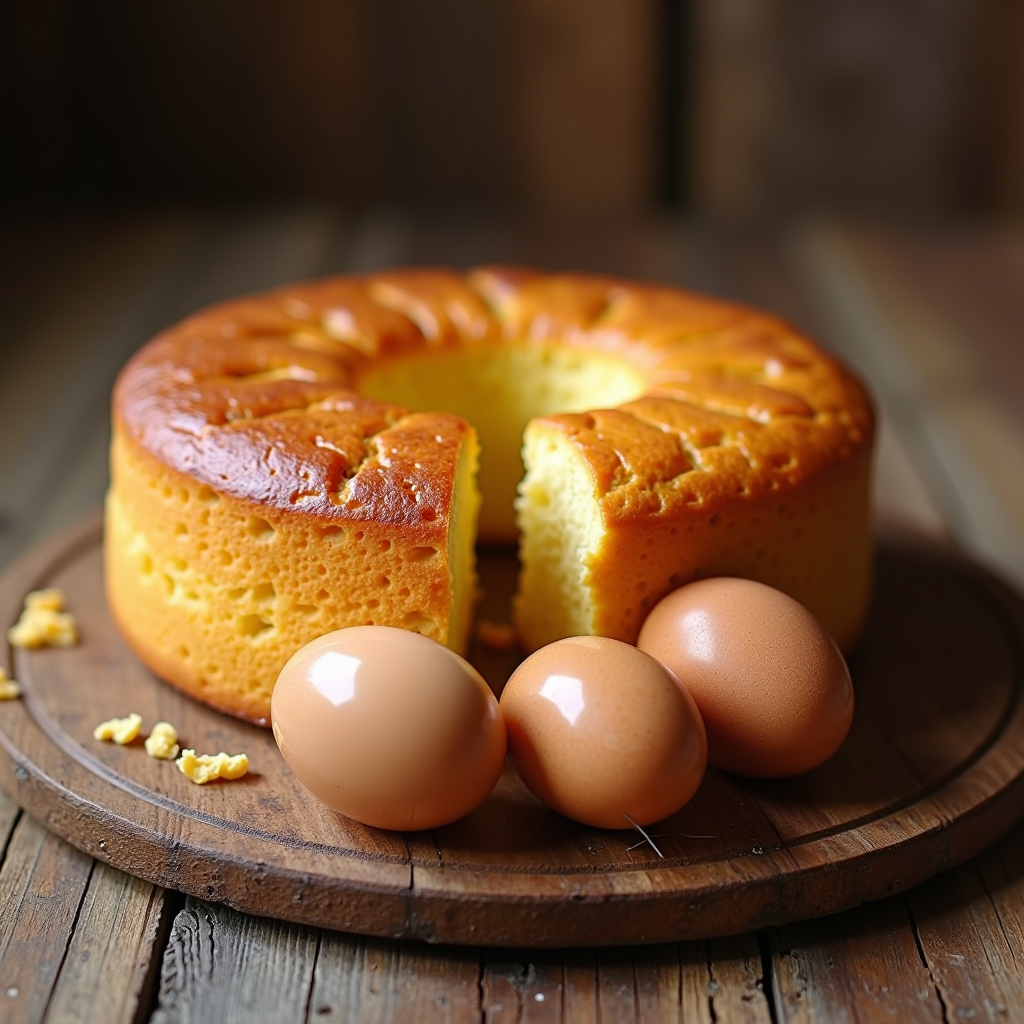 Frisch gebackener goldener Kuchen und hartgekochte Eier auf einem rustikalen Holztisch, die perfekte Verwendungsmöglichkeiten für ältere Eier beim Kochen und Backen zeigen