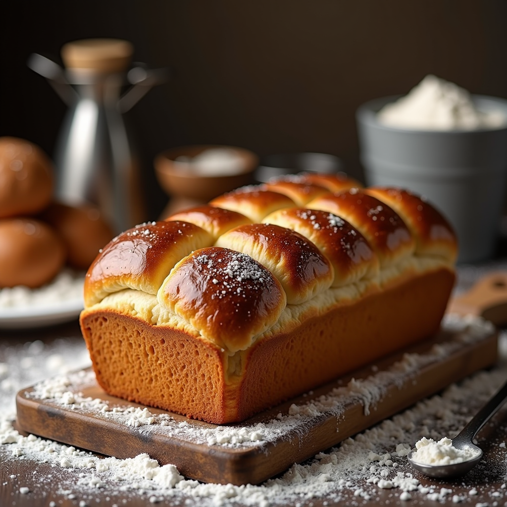 Frisch gebackenes goldenes Brioche-Brot mit glänzender, gebräunter Kruste auf einem Holzbrett, umgeben von Mehl und Backutensilien