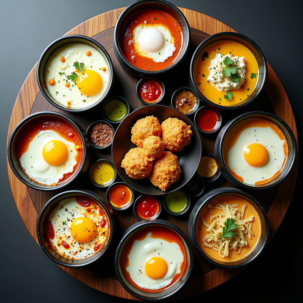 Künstlerische Draufsicht auf einen runden Tisch mit verschiedenen internationalen Eiergerichten aus aller Welt, jedes in traditionellem Geschirr seiner Kultur serviert, umgeben von typischen Beilagen und Getränken, symbolisiert kulinarische Vielfalt und globale Verbundenheit